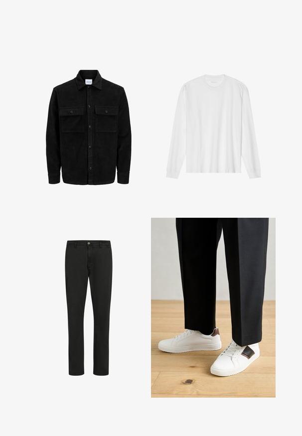 Melnas kordūru pogu jaka ar divām priekšējām atloka kabatām un klasisku apkakli, garām piedurknēm un ribotu tekstūru.; Garas piedurkņu balta kokvilnas T-kreklu ar apaļu kakla izgriezumu un ribotām aprocēm. Vienkāršs, neizpušķots dizains ar gludu tekstūru un standarta piegriezumu.; Melnas kokvilnas bikses ar taisnu griezumu, priekšējo pogu aizdari un divām sānu kabatām; gluda tekstūra ar minimālistisku dizainu.; Baltā pārsoļa apavi ar gludu tekstūru, papildināti ar brūniem ādas akcentiem un melniem elementiem, savienoti ar melnām pielāgotām biksēm. Koka grīdas fons.
