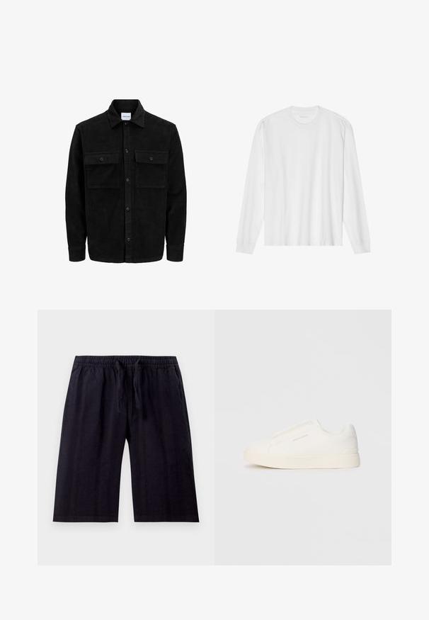 Črna kordurojska jakna z gumbi, z dvema sprednjima žepoma z zavihkom in klasičnim ovratnikom, dolgimi rokavi ter rebrasto teksturo.; Bela bombažna majica z dolgimi rokavi in posadnim izrezom ter rebrastimi manšetami. Preprost, neokrašen dizajn, ki se ponaša z gladko teksturo in standardnim krojem.; Črne kratke hlače do kolen, izdelane iz lahkega materiala. Imajo elastičen pas z vrvico in gladko teksturo. Preprost dizajn.; Bele zapete brez vezalk z teksturirano površino, debelim podplatom in minimalističnim dizajnom. Na strani se nahaja logotip blagovne znamke.