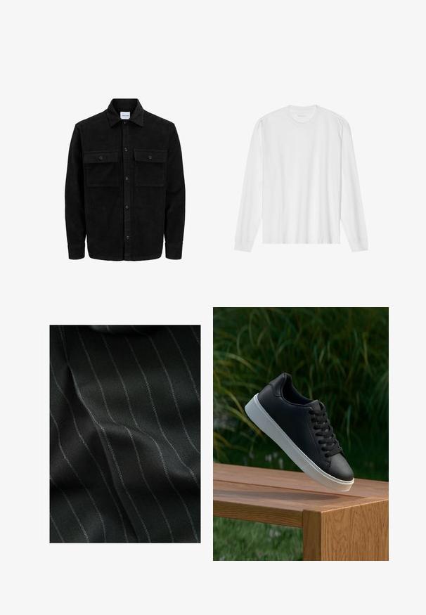 Veste en velours côtelé noire à boutons, avec deux poches à rabat à l'avant et un col classique, des manches longues et une texture côtelée.; T-shirt en coton blanc à manches longues avec un col rond et des poignets côtelés. Design simple et sans ornements, avec une texture lisse et une coupe standard.; Tissu noir avec un motif en chevrons et de fines rayures blanches. La texture semble lisse avec une profondeur subtile due au tissage.; Baskets en cuir noir avec une texture lisse, semelle en caoutchouc blanc, et six œillets pour les lacets, disposées sur une surface en bois.