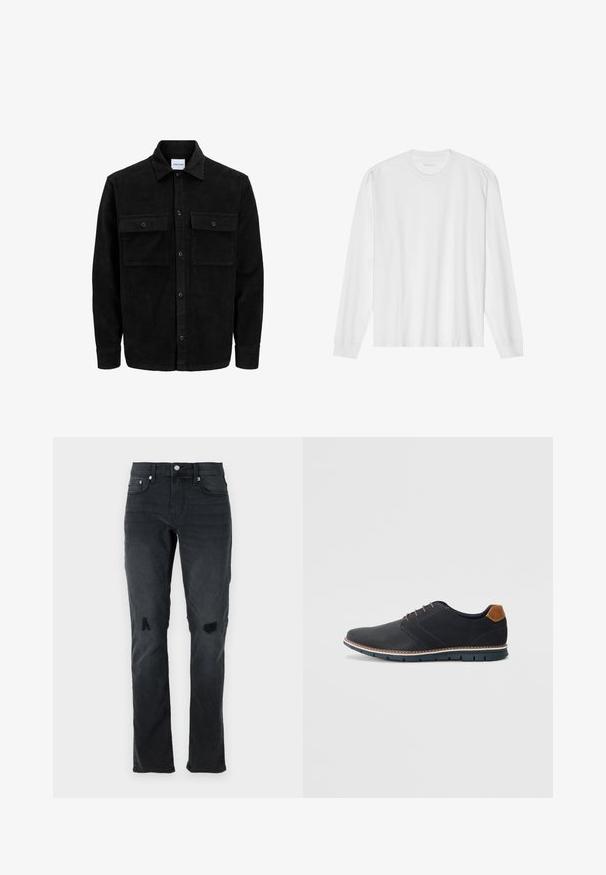 Čierna kordúrová bunda s gombíkmi, dvoma prednými vreckami so záklopkou a klasickým golierom, dlhými rukávmi a ryhovanou textúrou.; Dlhý rukáv, biela bavlnená tričko s okrúhlym výstrihom a rebrovanými manžetami. Jednoduchý, bezvýzdobový dizajn s hladkou textúrou a štandardným strihom.; Čierne denimové džínsy so slim fit strihom, jemným ošúchaním, dvoma roztrhnutiami na kolenách a tradičným päť vreckovým štýlom s gombíkovým zapínaním.; Čierne syntetické topánky so štruktúrovaným zvrškom, hladkými akcentmi, hnedým opätkom a kontrastnou podrážkou. Majú minimálne šnurovanie a detaily prešitia.