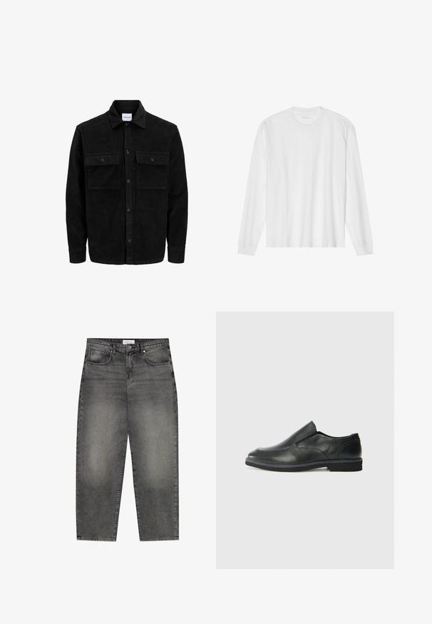 Melnas kordūru pogu jaka ar divām priekšējām atloka kabatām un klasisku apkakli, garām piedurknēm un ribotu tekstūru.; Garas piedurkņu balta kokvilnas T-kreklu ar apaļu kakla izgriezumu un ribotām aprocēm. Vienkāršs, neizpušķots dizains ar gludu tekstūru un standarta piegriezumu.; Pelēki džinsi ar brīvu piegriezumu, pieci kabatas, ar rāvējslēdzēju un vieglu nolietojumu. Klasiska taisna kāju forma un augstvērtīgas šuvju līnijas.; Melnas ādas slip-on kurpes ar gludu augšdaļu, izšūtām akcentiem, noapaļotu purngala daļu un zemu gumijas papēdi. Zole ar minimālu rakstu.