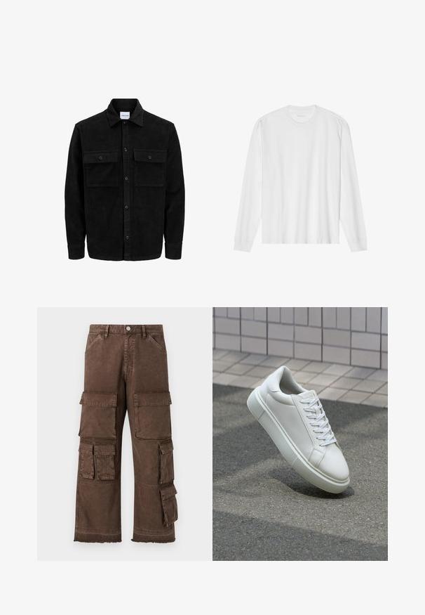 Čierna kordúrová bunda s gombíkmi, dvoma prednými vreckami so záklopkou a klasickým golierom, dlhými rukávmi a ryhovanou textúrou.; Dlhý rukáv, biela bavlnená tričko s okrúhlym výstrihom a rebrovanými manžetami. Jednoduchý, bezvýzdobový dizajn s hladkou textúrou a štandardným strihom.; Hnedé cargo nohavice s voľným strihom, viacerými bočnými vreckami a rozstrapkaným lemom. Vyrobené z pevnej, textúrovanej tkaniny pre dlhú životnosť.; Biele kožené tenisky s hladkým povrchom, okrúhlym špičkou a plochými bielymi šnúrkami. Obsahuje štruktúrovanú gumovú podrážku a minimalistický dizajn.
