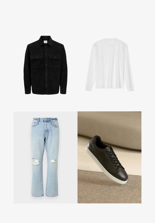 Mustmustöös nupuga jope, millel on kaks eesmist klapiga taskut ja klassikaline kaelus, pikad varrukad ning ribakujuline tekstuur.; Pika, pikkide varrukatega valge puuvillane T-särk, millel on ümar kaelus ja soonikkoes mansetid. Lihtne, kaunistusteta disain, mis hõlmab siledat tekstuuri ja standardset sobivust.; Heledad sinine häiritud teksad, mis on varustatud rebenenud põlvekohaga, sirged jalgade lõiked, viis taskut ja kulunud tekstuuriga denimpind.; Mustad nahast tennisetossud valge kummist tallaga ja mustade paeltega, paigutatud beežile kangapinnale ja -taustale.