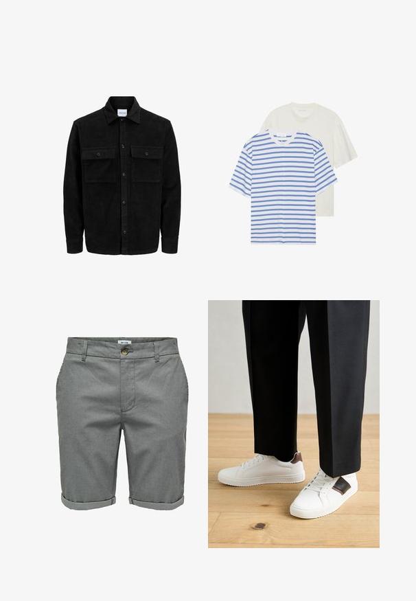 Melnas kordūru pogu jaka ar divām priekšējām atloka kabatām un klasisku apkakli, garām piedurknēm un ribotu tekstūru.; Divas īsām piedurknēm T-krekli: viens balts ar ziliem svītrām un viens viendabīgs viegli krēmkrāsas. Mīksts kokvilnas materiāls, apaļais kakla izgriezums, brīva piegriezuma.; Pelēki šorti, kas izgatavoti no teksturēta auduma, ar pogu aizdari, sānu kabatām un sarullētām malām, nodrošinot piegriezuma izskatu.; Baltā pārsoļa apavi ar gludu tekstūru, papildināti ar brūniem ādas akcentiem un melniem elementiem, savienoti ar melnām pielāgotām biksēm. Koka grīdas fons.