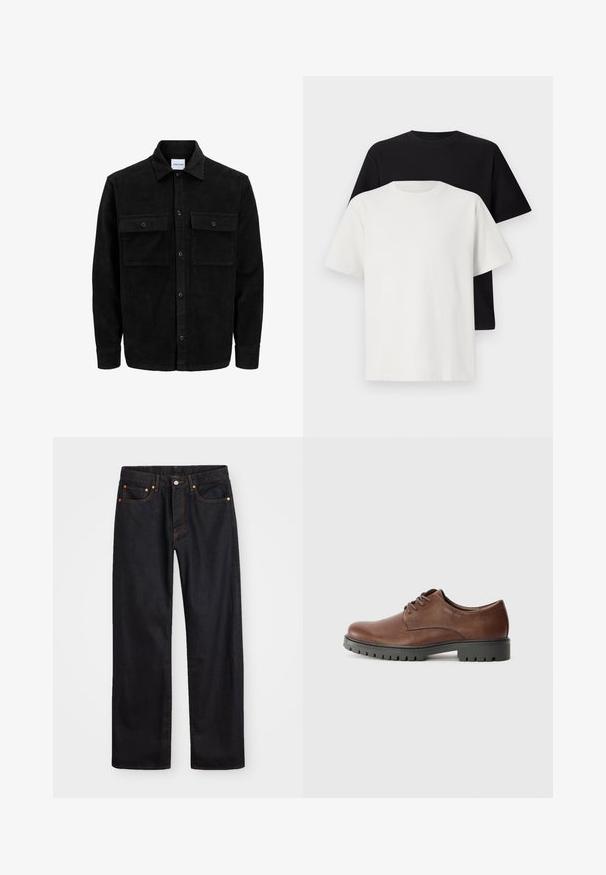 Veste en velours côtelé noire à boutons, avec deux poches à rabat à l'avant et un col classique, des manches longues et une texture côtelée.; Ensemble de t-shirts en coton comprenant un haut noir et un haut blanc, tous deux à manches courtes, avec un col rond et une coupe standard. Tissu texturé.; Jean en denim noir pour hommes, coupe droite, avec cinq poches et surpiqûres orange, fermeture par bouton et zip à la taille avant.; Chaussure oxford en cuir marron avec une texture lisse, bout rond et semelle extérieure en caoutchouc noir avec un motif de semelle. Lacets fixés à l'avant.