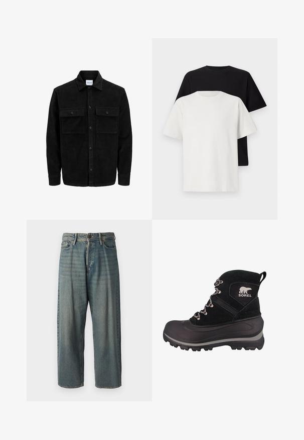 Juodas velveto mygtukų švarkas su dviem priekiniais kišenėmis su atvartais, klasikiniu apykakle, ilgomis rankovėmis ir raukšlėtu paviršiumi.; Medvilniniai marškiniai, kuriuos sudaro juodas ir baltas marškinėliai, abu su trumpomis rankovėmis, apvaliu iškirpimu ir standartiniu sijonu. Tekstūruota medžiaga.; Šviesiai mėlyni džinsai su laisvu siluetu, vidutinio aukščio juosmeniu ir tiesiomis kojomis. Su penkiais kišenėmis, diržo kilpo ir mygtukų uždarymu.; Juodas žiemos batų modelis su tekstūruotu zomšos viršumi, guminiu padu, metaliniais elementais ir logotipo detale. Siūlo aukštą aulą ir tvirtą raištelių sistemą.