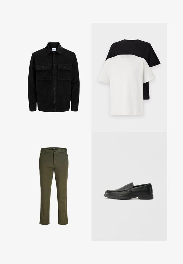 Svart kordfløyels knappjakke med to frontlommer med klaff og klassisk krage, lange ermer og ribbet tekstur.; Sett med bomull t-skjorter bestående av en svart topp og en hvit topp, begge med korte ermer, rund hals og standard passform. Teksturet stoff.; Olivenfargede bukser laget av glatt stoff; har knappelukking, beltehemper og rette bein med en ren finish.; Svart skinnloafers med glatt finish, mokkasin-stil overdel, broderte detaljer og gummisåle. Klassisk design med lav hæl.