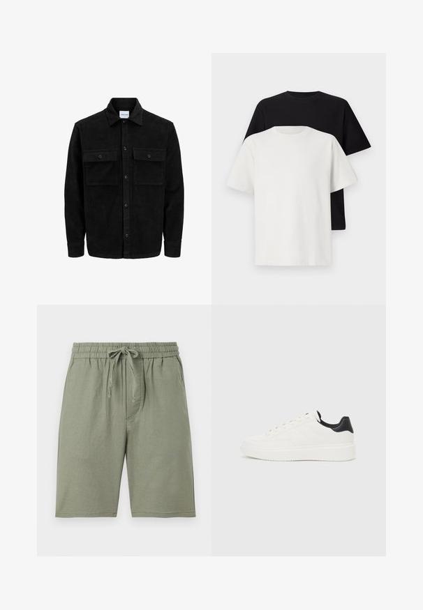 Black corduroy button-up jacket with two front flap pockets and a classic collar, long sleeves, and ribbed texture.; Cotton t-shirt set featuring a black top and a white top, both with short sleeves, round neckline, and standard fit. Textured fabric.; Light green cotton shorts with an elastic waistband and adjustable drawstring. Features side pockets and a knee-length cut.; White leather sneaker with embossed pattern, textured white midsole, and black heel accent. Features rounded toe and flat laces.