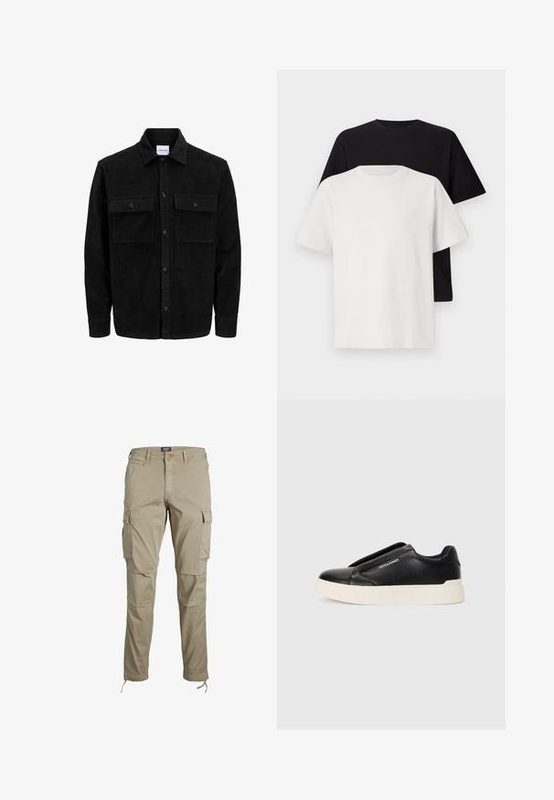 Zwarte corduroy knopenjack met twee voorste klepzakken en een klassieke kraag, lange mouwen en ribbelstructuur.; Katoenen T-shirt set met een zwarte top en een witte top, beide met korte mouwen, ronde hals en een standaard pasvorm. Textuurstof.; Jack & Jones JWHACE JJTUCKER ANA - Cargobroek - dune; Zwarte slip-on sneaker met een gestructureerde leren bovenkant, witte rubberen zool en geen zichtbare veters. Beschikt over het merkembleem aan de zijkant.