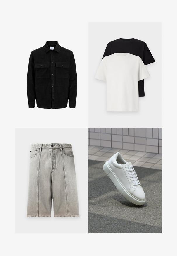 Čierna kordúrová bunda s gombíkmi, dvoma prednými vreckami so záklopkou a klasickým golierom, dlhými rukávmi a ryhovanou textúrou.; Bavlnená súprava tričiek, ktorá obsahuje čierne tričko a biele tričko, obe s krátkymi rukávmi, okrúhlym výstrihom a štandardným strihom. Textúrovaná látka.; Šedé denimové šortky s rovnými nohavicami, ktoré majú dve predné vrecká, zapínanie na gombík a kontrastné švy.; Biele kožené tenisky s hladkým povrchom, okrúhlym špičkou a plochými bielymi šnúrkami. Obsahuje štruktúrovanú gumovú podrážku a minimalistický dizajn.