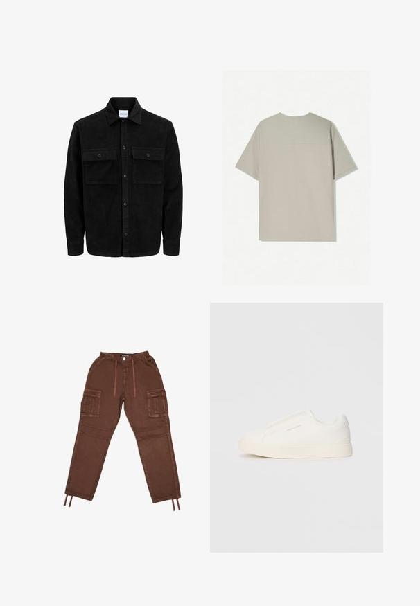 Mustat corduroy-nappi takki, jossa on kaksi etupistotaskua ja klassinen kaulus, pitkät hihat ja ribattu pinta.; Beige puuvillane t-särk lühikeste varrukatega. Omab lihtsat disaini ja ümmargust kaelust. Sile tekstuur, tagaküljel minimaalne õmblus.; Valkoiset cargo-housut kevyestä kankaasta, jossa on joustava vyötärö, sivutaskut ja kiristyspanneet lahkeissa.; Valkoiset liukusukat, joissa on teksturoitu pinta, paksu pohja ja minimalistikot. Sivulla on brändin logo.