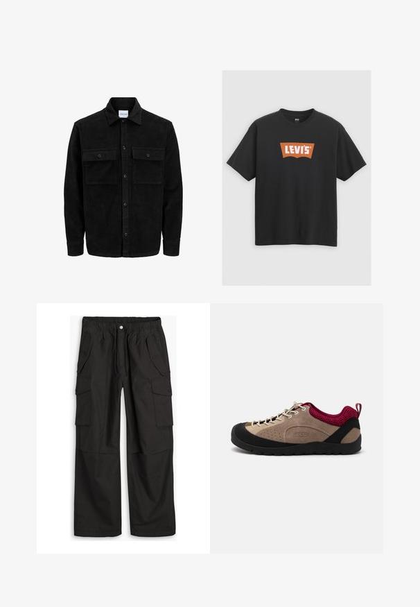 Čierna kordúrová bunda s gombíkmi, dvoma prednými vreckami so záklopkou a klasickým golierom, dlhými rukávmi a ryhovanou textúrou.; Čierne bavlnené tričko s veľkým oranžovým logom Levi's na prednej strane, s krátkymi rukávmi a okrúhlym výstrihom.; Čierne cargo nohavice s elastickým pásom, zapínaním na gombík a zips, a viacerými vreckami s klopami a gombíkmi na prednej a bočných stranách.; Topánka s béžovým semišovým zvrškom, čiernou gumovou podrážkou, ružovými sieťovinovými akcentmi a šedými šnúrkami. Obsahuje perforácie pre priedušnosť a pútko.