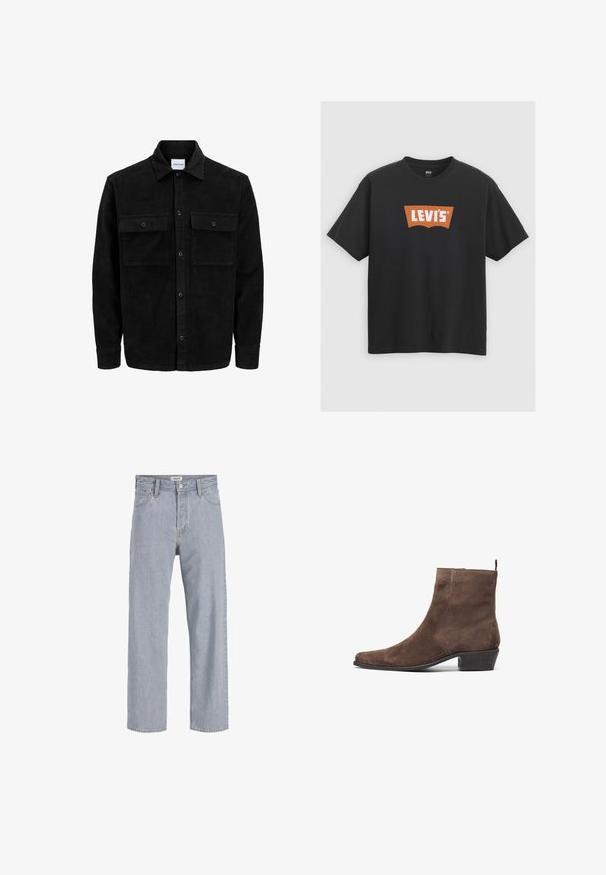 Black corduroy button-up jacket with two front flap pockets and a classic collar, long sleeves, and ribbed texture.; Black cotton t-shirt featuring a large orange Levi's logo on the front, short sleeves, and a crew neck design.; Light blue denim jeans with a relaxed fit, straight leg design, visible stitching, two front pockets, and a button closure.; Brown suede ankle boot with a pointed toe, low block heel, and a pull loop at the back for easy wear. Smooth texture and simple design.