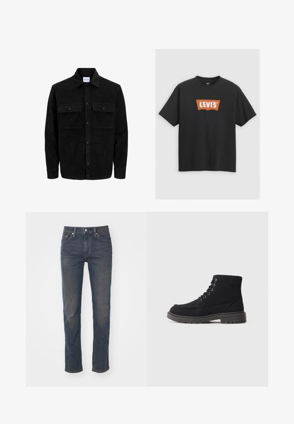 Melnas kordūru pogu jaka ar divām priekšējām atloka kabatām un klasisku apkakli, garām piedurknēm un ribotu tekstūru.; Melnā kokvilnas T-krekls ar lielu oranžu Levi's logo uz priekšpuses, īsām piedurknēm un apaļu kakla izgriezumu.; Tumši zili džinsi ar taisnām kājām, kas apgādāti ar jostu cilpām, vienu pogu slēgšanu un vieglu nolietojuma tekstūru.; Melni potītes zābaki, izgatavoti no teksturēta materiāla, ar plakanu zoli, apaļu purngali un sešām acīm lace. Pastiprināta šuvju gar mala.
