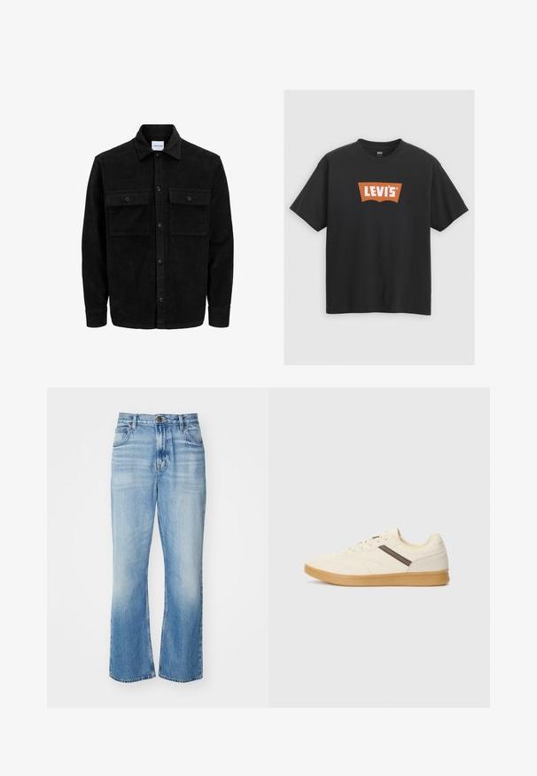 Black corduroy button-up jacket with two front flap pockets and a classic collar, long sleeves, and ribbed texture.; Black cotton t-shirt featuring a large orange Levi's logo on the front, short sleeves, and a crew neck design.; Light blue denim flared jeans with a high waist, faded finish, five pockets, and contrasting stitching. Classic button and zipper closure.; Cream-colored sneaker with a textured upper, brown accent stripe, and a tan rubber sole, featuring a low profile and lace-up design.