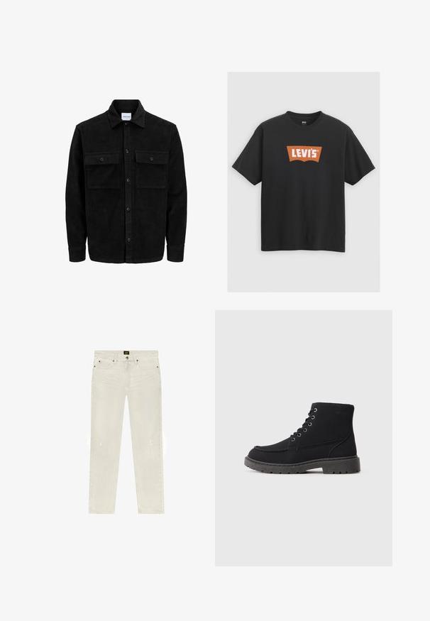 Chaqueta de pana negra con botones, dos bolsillos delanteros con solapa y un cuello clásico, mangas largas y textura acanalada.; Camiseta de algodón negra con un gran logo naranja de Levi's en la parte delantera, mangas cortas y diseño de cuello redondo.; Jeans de mezclilla blanca con corte recto, que cuentan con un diseño clásico de cinco bolsillos, áreas deslavadas distintas y detalles de desgaste mínimos.; Botas negras hasta el tobillo hechas de un material texturizado con una suela plana, punta redonda y cordones con seis ojales. Costura reforzada a lo largo del borde.