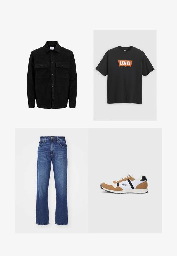 Mustmustöös nupuga jope, millel on kaks eesmist klapiga taskut ja klassikaline kaelus, pikad varrukad ning ribakujuline tekstuur.; Must noirest T-särk, millel on ees suur oranž Levi's logo, lühikesed varrukad ja ümar kaelus.; Keskmise sinise värvusega teksapüksid, sirge jalaga disain, millel on kulunud tekstuur, vöödega aasad, esipockets ja nööpidega sulgemine.; Retro-stiilis tenniset, valge ja pruuni nubukiga, mustade aktsentidega, valgete paeltega ning külgedel "Jack & Jones EST. 1990" logo.