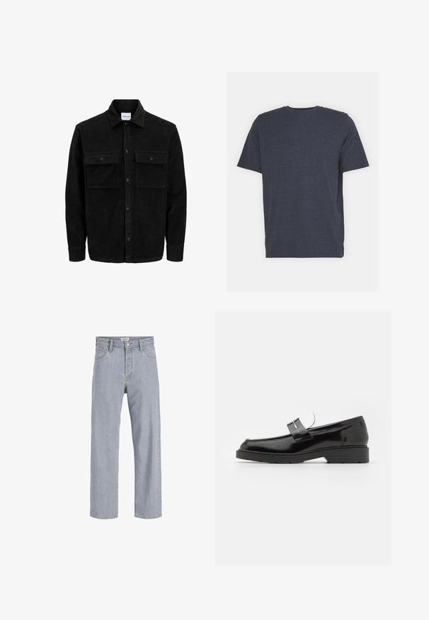 Jachetă din catifea neagră, cu butoni, două buzunare frontale cu clapetă și un guler clasic, mâneci lungi și textură ribbed.; Tricou albastru marin cu guler rotund, fabricat dintr-un amestec de bumbac moale, cu mâneci scurte și o croială obișnuită. Fără modele sau accente vizibile.; Jeanși din denim bleu deschis cu o croială lejeră, design cu picior drept, cusături vizibile, două buzunare frontale și închidere cu nasture.; Loafers din piele patent neagră cu vârf rotund, având un accent din buclă argintie și o talpă texturată din cauciuc negru.