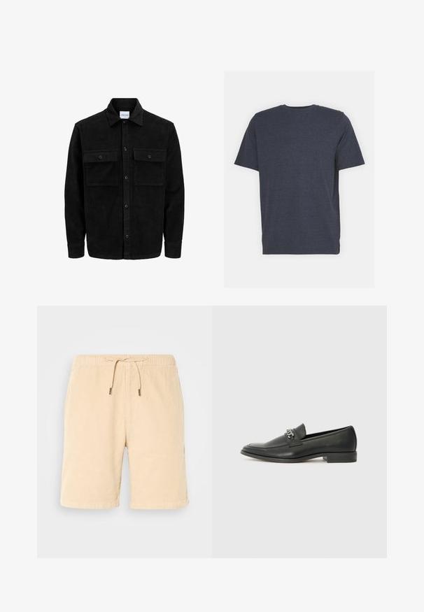 Črna kordurojska jakna z gumbi, z dvema sprednjima žepoma z zavihkom in klasičnim ovratnikom, dolgimi rokavi ter rebrasto teksturo.; T-maica s kratkimi rokavi v mornarsko modri barvi z okroglo izrezom, izdelana iz mehkega bombažnega materiala. Ima redno prileganje in ni vidnih vzorcev ali okrasnih elementov.; Bež kratke hlače iz kordura z elastiko in vrvico. Imajo stranske žepke in pravilen kroj. Mehka tekstura in gladka površina.; Črni usnjeni loafer z gladko površino, ki ima šivano zasnovo in dekorativni kovinski verižni naglas preko vampirja. Ravno peto.