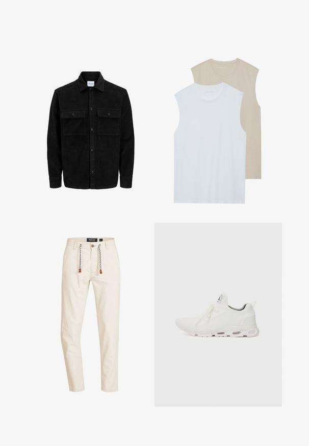 Schwarze Corduroy-Button-Up-Jacke mit zwei frontalem Klappentaschen und klassischem Kragen, langen Ärmeln und gerippter Textur.; Zwei ärmellose Shirts: eines in Weiß, das andere in hellem Beige. Beide haben einen Rundhalsausschnitt und sind aus weichem, glattem Stoff mit einer lässigen Passform.; Beige Baumwollhosen mit geradem Schnitt, ausgestattet mit einem Tunnelzugbund mit schwarz-weißen Akzenten sowie Front- und Gesäßtaschen.; Weiße Sportschuhe mit einem strukturierten Strickobermaterial, flachen Schnürsenkeln und einer gepolsterten Sohle mit sichtbaren Luftkammern für zusätzlichen Halt.