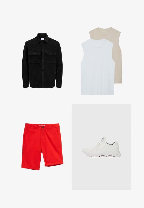 Mustmustöös nupuga jope, millel on kaks eesmist klapiga taskut ja klassikaline kaelus, pikad varrukad ning ribakujuline tekstuur.; Kaks ilma varrukat tšekki: üks valge, teine heledad beež. Mõlemal on ümberkaudne kaelus ja need on valmistatud pehmest, siledast kangast, millel on mugav lõige.; Punane puuvillane lühike püksid tasase esiosaga, kahe külge taskuga ja ühe tagataskuga. Pööratud servad ja nööbiga sulgur.; Valged sportijalatsid, millel on tekstuuriga kudum peal, lame paelad ja pehmendatud tallad nähtavate õhukambritega täiendava toe jaoks.