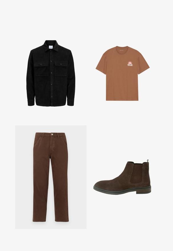 Crni kožni kord jakna na dugmad s dva prednja džepa s preklopom i klasičnim ovratnikom, dugim rukavima i rebrastom teksturom.; Smeđi kratki rukavi majica od pamuka, s rozim grafikom sunca i natpisom "SOLAR" na lijevom prsnom dijelu. Dizajn s okruglim izrezom.; Smeđe pamučne hlače ravnog kroja, s prednjim džepovima i metalnim zatvaranjem na dugme. Karakteriziraju ih glatka tekstura i minimalistički dizajn.; Smeđe antilop cipele do gležnja s elastičnim bočnim panelima, zaobljenim vrhom i niskim uvučenim potplatom. Imaju detalje šivanja uz potplat.