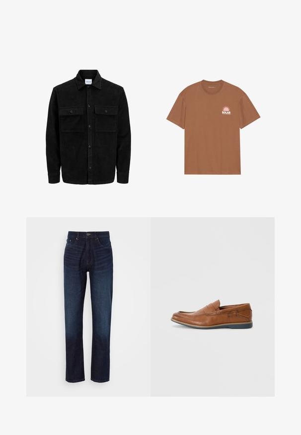 Black corduroy button-up jacket with two front flap pockets and a classic collar, long sleeves, and ribbed texture.; Brown short-sleeve t-shirt made of cotton, featuring a pink sun graphic and "SOLAR" text on the left chest. Crew neck design.; Dark blue denim jeans with a straight leg design, featuring a zip fly, five pockets, and faded areas on the front for contrast.; Brown leather loafers with a round toe, stitched accents, and a low rubber sole. The design features a band across the upper.