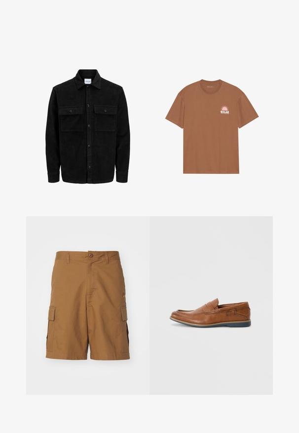 Svart kordfløyels knappjakke med to frontlommer med klaff og klassisk krage, lange ermer og ribbet tekstur.; Brun kortermet T-skjorte laget av bomull, med et rosa solgrafikk og "SOLAR" tekst på venstre bryst. Rund halsdesign.; Brune cargo shorts med teksturert stoff, knappelukking, sidelommer og rett snitt. Midjen har beltehemper for justerbar passform.; Brune skinnloafers med rund tå, broderte detaljer og såle i gummi. Designet har et bånd over vristen.