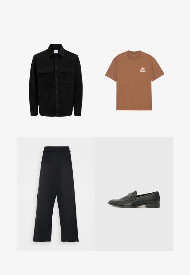 Čierna kordúrová bunda s gombíkmi, dvoma prednými vreckami so záklopkou a klasickým golierom, dlhými rukávmi a ryhovanou textúrou.; Hnedé tričko s krátkymi rukávmi vyrobené z bavlny, s ružovou grafikou slnka a textom "SOLAR" na ľavej hrudi. Dizajn s okrúhlym výstrihom.; Čierne teplákové nohavice s elastickým pásom, širokými nohavicami a bočnými vreckami. Vyrobené z jemnej látky s hladkou textúrou.; Čierne kožené loafers s hladkým povrchom, s prešitým dizajnom a dekoratívnym kovovým reťazovým akcentom cez priehlavok. Plochý podpätok.