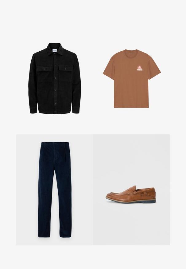 Svart kordfløyels knappjakke med to frontlommer med klaff og klassisk krage, lange ermer og ribbet tekstur.; Brun kortermet T-skjorte laget av bomull, med et rosa solgrafikk og "SOLAR" tekst på venstre bryst. Rund halsdesign.; Mørkeblå kordfløyelsbukser med frontfeller, beltehemper, sidelommer og knapp- og glidelås-lukking, vist flatt på en hvit bakgrunn.; Brune skinnloafers med rund tå, broderte detaljer og såle i gummi. Designet har et bånd over vristen.