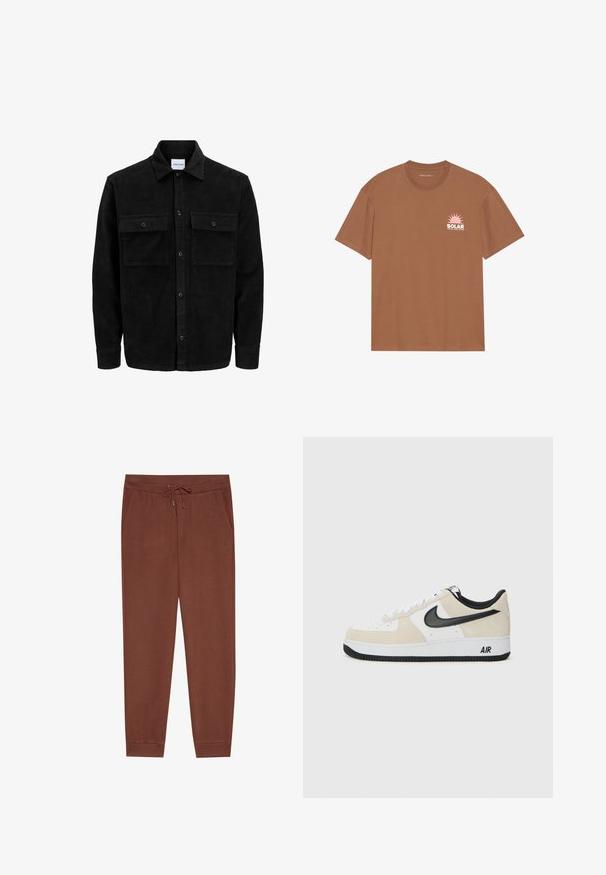 Čierna kordúrová bunda s gombíkmi, dvoma prednými vreckami so záklopkou a klasickým golierom, dlhými rukávmi a ryhovanou textúrou.; Hnedé tričko s krátkymi rukávmi vyrobené z bavlny, s ružovou grafikou slnka a textom "SOLAR" na ľavej hrudi. Dizajn s okrúhlym výstrihom.; Hnedé teplákové nohavice s elastickým pásom na šnúrku, bočnými vreckami a zúženými nohavicami. Vyrobené z mäkkého materiálu s hladkým povrchom a bez viditeľných vzorov.; Tenisky s hornou časťou z ľahkej béžovej semišovej kože a bielej kože, čierny Nike swoosh, čierne akcenty a biela gumová podrážka s brandingom "AIR".