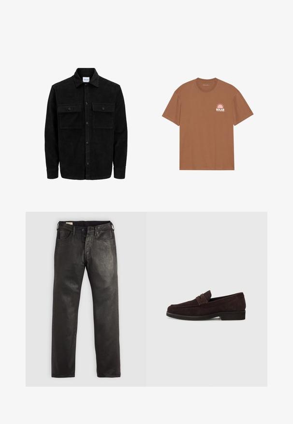 Črna kordurojska jakna z gumbi, z dvema sprednjima žepoma z zavihkom in klasičnim ovratnikom, dolgimi rokavi ter rebrasto teksturo.; Bela kratka majica zavezana iz bombaža, ki ima na levem prsnem delu rožnato sončno grafiko in napis "SOLAR". Oblika s krožnim vratom.; Črne kavbojke iz denima ravnega kroja, z gumbom in zadrgo, petimi žepi in gladko teksturo.; Brazdni zamšasti loaferi z nizkim profilom in okroglo prstjo. Imajo dekorativni pas čez zgornji del, ravno gumijasto podplat in brez vidnih šivov.