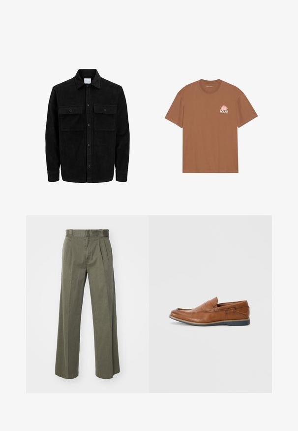 Juodas velveto mygtukų švarkas su dviem priekiniais kišenėmis su atvartais, klasikiniu apykakle, ilgomis rankovėmis ir raukšlėtu paviršiumi.; Rudas trumpas rankovėmis marškinėliai, pagaminti iš medvilnės, su rožiniu saulės grafinu ir užrašu "SOLAR" kairėje krūtinės pusėje. Apvalaus iškirpimo fasonas.; Olivinės spalvos kelnės su laisvu, plačiu dizainu ir priekinių raukšlių detale. Pagamintos iš tekstūruoto audinio, su standartine juosmena ir be matomų aksesuarų.; Rudoni odiniai loaf'eriai su apvalia nosimi, siuvinėtomis detalėmis ir žema guminėmis pakulne. Dizainas turi juostą per viršutinę dalį.