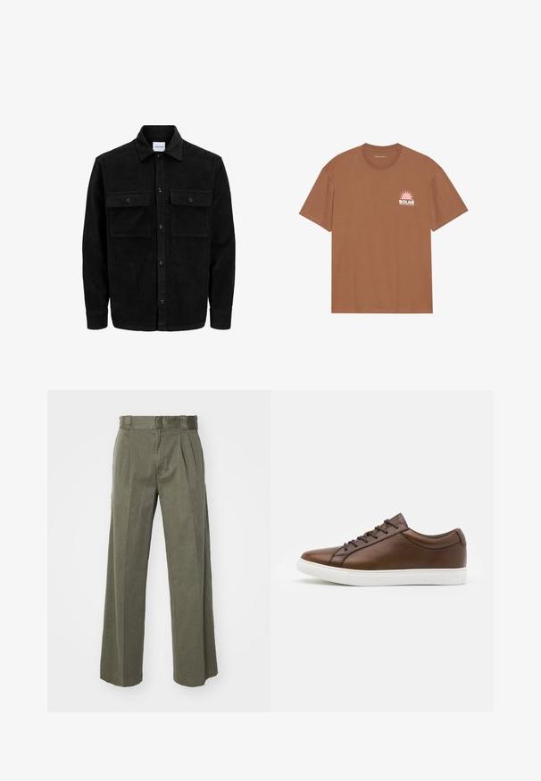 Svart kordfløyels knappjakke med to frontlommer med klaff og klassisk krage, lange ermer og ribbet tekstur.; Brun kortermet T-skjorte laget av bomull, med et rosa solgrafikk og "SOLAR" tekst på venstre bryst. Rund halsdesign.; Olivenfargede bukser med løs, vid ben-design og frontplisseringer. Laget av teksturert stoff med standard midjebånd og uten synlig maskinvare.; Brune lær-sneakers med rund tå, hvid gummisål og fem snørebåndshuller. Har subtil branding på hælen.