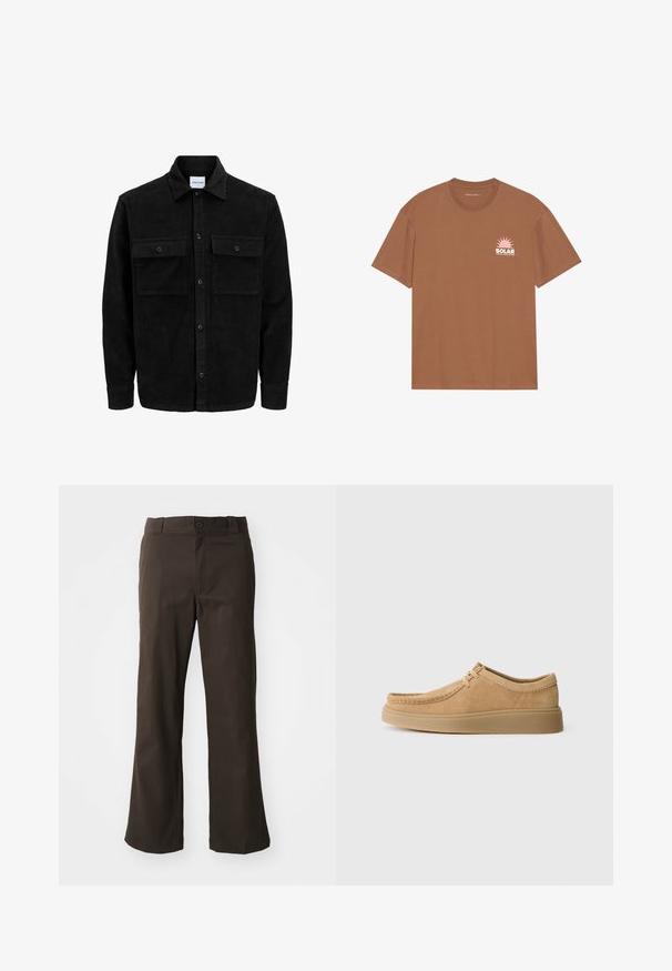 Black corduroy button-up jacket with two front flap pockets and a classic collar, long sleeves, and ribbed texture.; Brown short-sleeve t-shirt made of cotton, featuring a pink sun graphic and "SOLAR" text on the left chest. Crew neck design.; Brown, flared trousers with a smooth texture, featuring a front button closure and pockets on sides. Simple and straight design.; Suede lace-up shoes in light tan with a rounded toe, stitched detailing, and a flat rubber sole, showcasing a smooth texture.