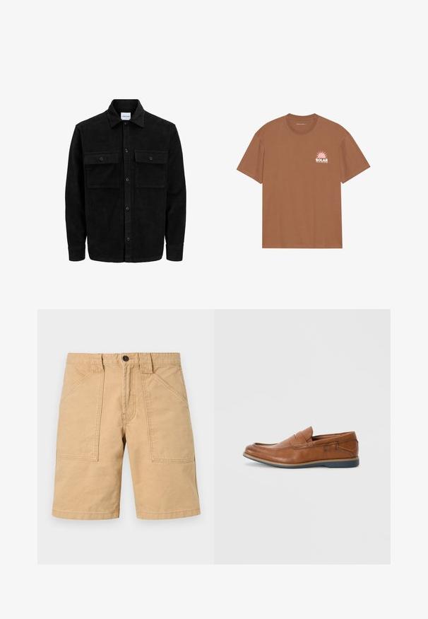 Mustmustöös nupuga jope, millel on kaks eesmist klapiga taskut ja klassikaline kaelus, pikad varrukad ning ribakujuline tekstuur.; Pruun lühikeste varrukatega T-särk, mis on valmistatud puuvillast, sisaldab roosa päikese graafikat ja "SOLAR" teksti vasakul rinnal. Ümmarguse kaelusega disain.; Khaki lühikesed püksid puuvillast, kareda tekstuuriga, millel on kaks eest taskut ja nupuga sulgur vööl.; Prunadest nahkkingad ümmarguse varbaga, õmmeldud detailide ja madala kummitaldaga. Disain sisaldab riba üleval.