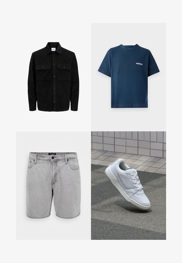 Black corduroy button-up jacket with two front flap pockets and a classic collar, long sleeves, and ribbed texture.; Navy blue cotton t-shirt with short sleeves and a round neckline. Features a small white logo on the left chest area. Soft texture.; Gray denim shorts with a straight cut, featuring front pockets, a button fly, and a classic five-pocket design.; White leather sneaker with perforated sides, textured accents, flat laces, and a contrasting gray heel. Features a slightly elevated sole.