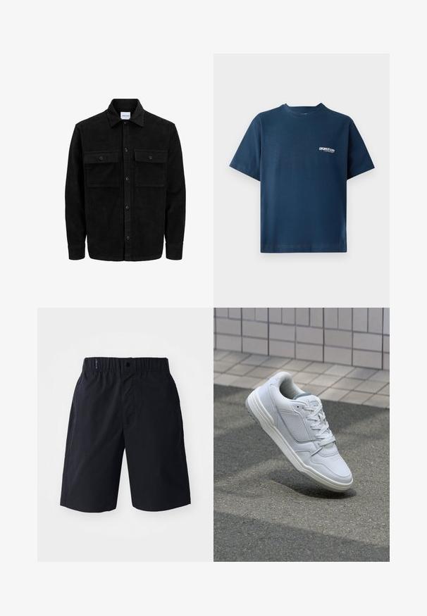 Mustmustöös nupuga jope, millel on kaks eesmist klapiga taskut ja klassikaline kaelus, pikad varrukad ning ribakujuline tekstuur.; Tumed sinine puuvillane t-särk lühikeste varrukatega ja ümmarguse kaelusega. Vasakul rinnal on väike valge logo. Pehme tekstuur.; Mustad mustadest kangast lühikesed püksid, millel on lame esiosa, elastne vöökoht ja küljetaskud. Lihtne disain, ilma mustriteta.; Valge nahkne toss, millel on perforeeritud külgedega, tekstuuriga aktsendid, lame pael ja kontrastne hall konts. Omab veidi tõstetud tallat.