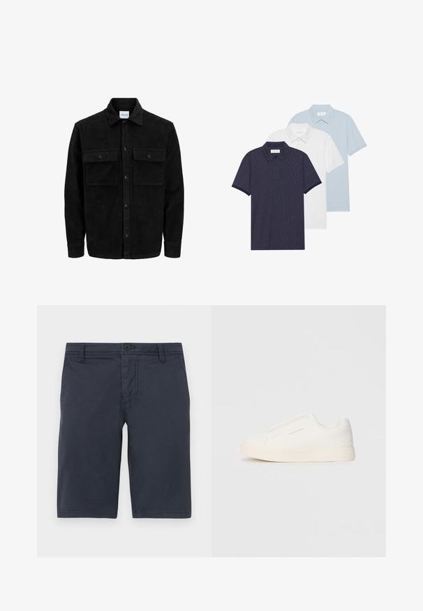 Chaqueta de pana negra con botones, dos bolsillos delanteros con solapa y un cuello clásico, mangas largas y textura acanalada.; Tres camisetas polo: una azul marino con un patrón de diamantes, una blanca y una azul claro con lunares. Todas tienen cuellos tipo polo y mangas cortas.; Pantalones cortos azul marino de tela texturizada, con cierre de botón frontal, trabillas y bolsillos laterales estándar.; Zapatillas blancas tipo slip-on con una superficie texturizada, suela gruesa y diseño minimalista. Presenta el logo de la marca en un lado.