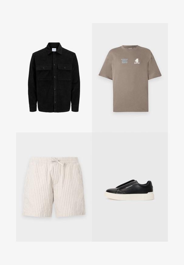 Sort fløjl button-up jakke med to frontlommer og klassisk krave, lange ærmer og ribbet tekstur.; Brun bomulds t-shirt med rund halsudskæring. Har blå tekst "Universal Athletic Apparel" og hvidt "4th quarter" logo på forsiden. Korte ærmer.; Lys beige shorts lavet af tekstureret stof med tynde lodrette striber, der har et elastisk taljebånd og en dekorativ snørebånd.; Sort slip-on sneakers med tekstureret læderoverdel, hvid gummisål og uden synlige snørebånd. Har brandlogo på siden.