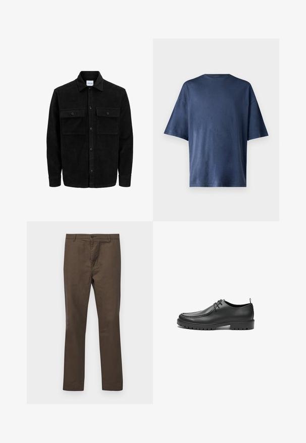 Black corduroy button-up jacket with two front flap pockets and a classic collar, long sleeves, and ribbed texture.; Navy blue short-sleeve T-shirt, made of soft fabric, features a classic crew neck and relaxed fit, with no visible patterns or accents.; Brown cotton trousers with a straight-leg design, featuring a button closure and belt loops, smooth texture without patterns or accents.; Black leather shoes with a smooth finish, rounded toe, and decorative stitching. Features a rubber sole with traction grooves and a lace-up design.