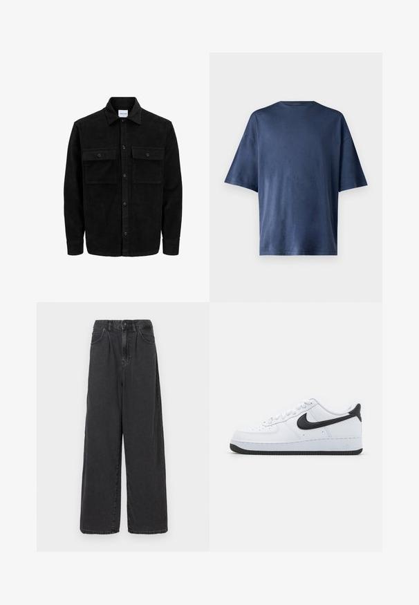 Svart kordfløyels knappjakke med to frontlommer med klaff og klassisk krage, lange ermer og ribbet tekstur.; Marineblå kortermet T-skjorte, laget av myk stoff, har en klassisk rund hals og en avslappet passform, uten synlige mønstre eller aksenter.; Bredde ben, høy midje svarte dongeri bukser med knapp og glidelås foran, med sidelommer og en glatt tekstur.; Hvite lær sneakers med svart Nike Swoosh, rund tådesign, snøring foran, teksturert svart gummisåle og "Air" preget på hælen.