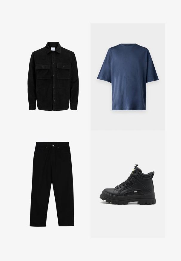 Mustmustöös nupuga jope, millel on kaks eesmist klapiga taskut ja klassikaline kaelus, pikad varrukad ning ribakujuline tekstuur.; Tumesinine lühikeste varrukatega T-särk, valmistatud pehmest kangast, omab klassikalist ümarat kaelust ja mugavat lõiget, ilma nähtavate mustrite või aktsentideta.; Mustadest denimist püksid, millel on sirge jalg, viie tasku disain ja eesnupuga sulgur. Sile tekstuur koos minimaalsete õmblustega.; Mustkunst tähtedega mustad kõrged jalanõud, mis on valmistatud tekstureeritud nahast, pakuvad paksu kummitalda, nööridega esiosa ja väikese logo detaili külgedel.