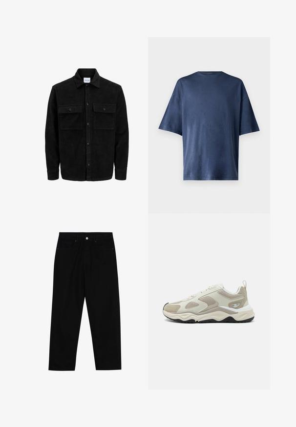 Chaqueta de pana negra con botones, dos bolsillos delanteros con solapa y un cuello clásico, mangas largas y textura acanalada.; Camiseta de manga corta azul marino, hecha de una tela suave, con un cuello redondo clásico y un corte relajado, sin patrones ni acentos visibles.; Pantalones de mezclilla negra con corte recto, diseño de cinco bolsillos y cierre frontal con botón. Textura suave con detalles de costura mínimos.; Zapatilla deportiva beige con una mezcla de materiales sintéticos lisos y malla, acentos texturizados y una suela gruesa blanca y negra.