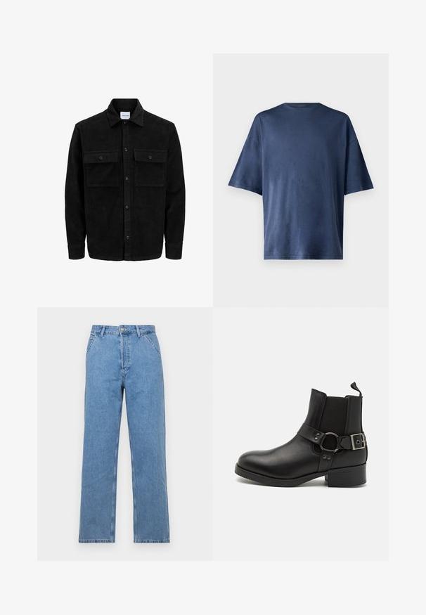 Czarna kurtka z korduru z guzikami, z dwoma przednimi kieszeniami na klapki oraz klasycznym kołnierzem, długimi rękawami i ryżowym splotem.; Granatowa koszulka z krótkim rękawem, wykonana z miękkiego materiału, z klasycznym okrągłym dekoltem i luźnym krojem, bez widocznych wzorów czy akcentów.; Jasnoniebieskie dżinsy o prostym kroju z klasycznym pięciopocketowym wykończeniem, z zapięciem na guzik z przodu i szlufkami na pasek. Gładka tekstura.; Steve Madden ANTONN czarny