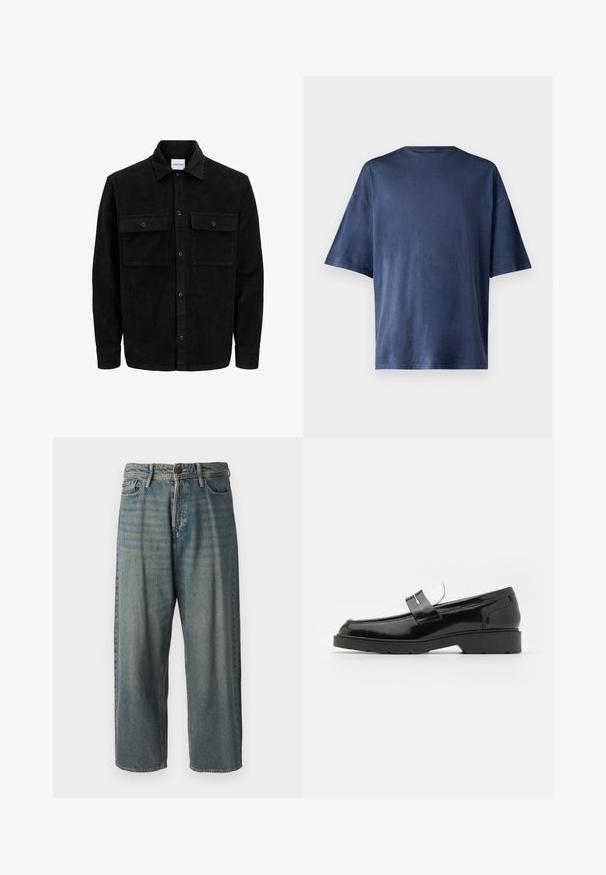 Sort fløjl button-up jakke med to frontlommer og klassisk krave, lange ærmer og ribbet tekstur.; Marineblå kortærmet T-shirt, lavet af blødt stof, har en klassisk rund hals og løs pasform, uden synlige mønstre eller accenter.; Lyseblå denim jeans med løs pasform, mellemhøj talje og lige ben. Har fem lommer, bæltestropper og en knappelukning.; Sorte patentlæder loafers med en rund tå, prydet med en sølvspænde detalje og en struktureret sort gummisål.