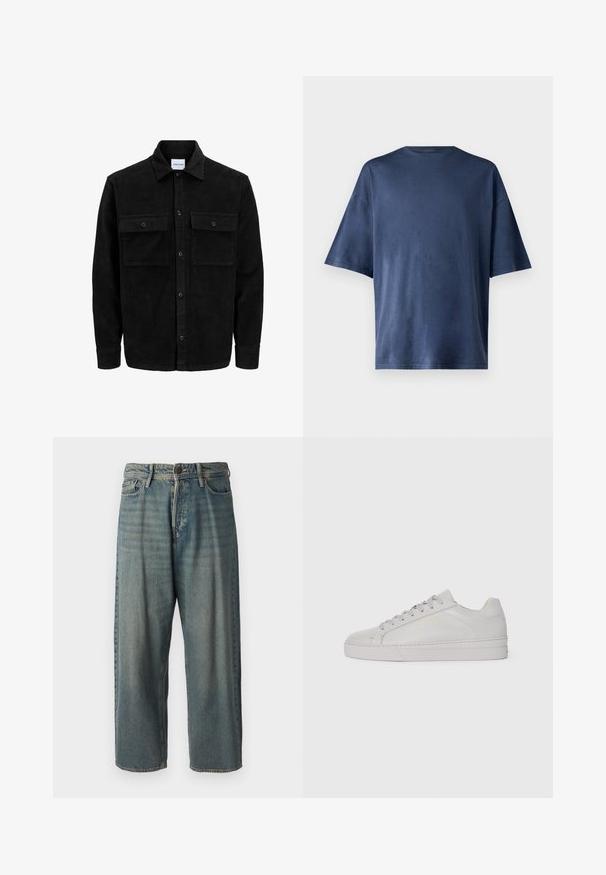 Mustmustöös nupuga jope, millel on kaks eesmist klapiga taskut ja klassikaline kaelus, pikad varrukad ning ribakujuline tekstuur.; Tumesinine lühikeste varrukatega T-särk, valmistatud pehmest kangast, omab klassikalist ümarat kaelust ja mugavat lõiget, ilma nähtavate mustrite või aktsentideta.; Heledad sinine denim-stiilis teksad, volüümse lõike, keskmise kõrgusega talje ja sirgete säärega. Omab viit taskut, vöökumme ja nööpide sulgemist.; Heled hall nahk-sneaker sileda tekstuuriga, ümar varvas, lame kummitald ja sama tooni lipsud. Minimalistlik kuldne bränding.