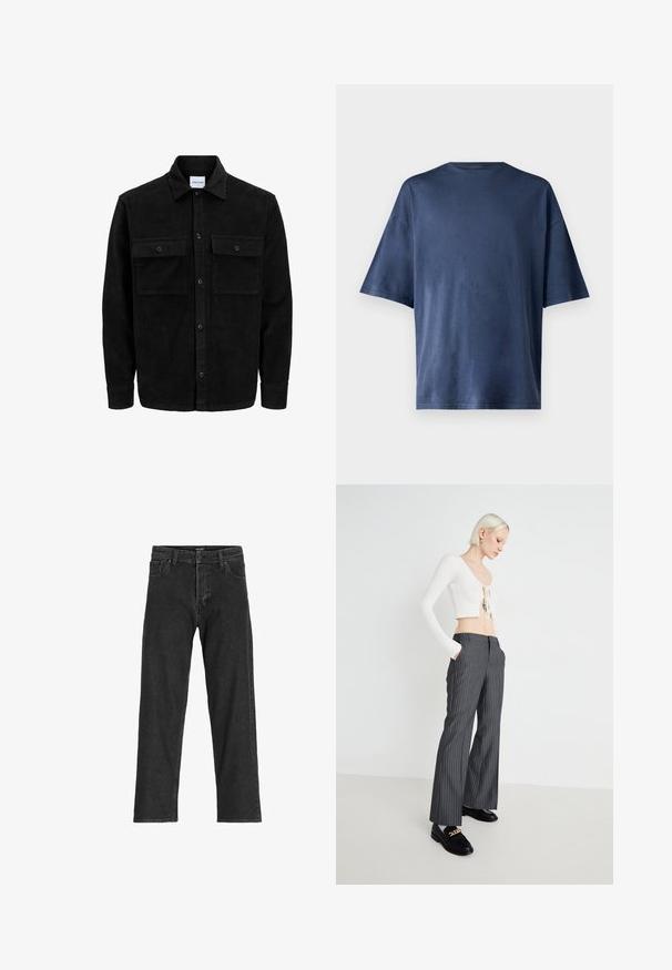 Black corduroy button-up jacket with two front flap pockets and a classic collar, long sleeves, and ribbed texture.; Navy blue short-sleeve T-shirt, made of soft fabric, features a classic crew neck and relaxed fit, with no visible patterns or accents.; Black denim jeans with a straight leg design, featuring a zip fly, belt loops, and six pockets, made from a sturdy cotton blend fabric.; White ribbed crop top with tie detail, paired with gray striped wide-leg trousers. Model wears black loafers with gold accents, standing on plain background.