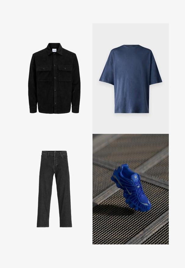 Melnas kordūru pogu jaka ar divām priekšējām atloka kabatām un klasisku apkakli, garām piedurknēm un ribotu tekstūru.; Navy zila īsām piedurknēm T-kreklā, izgatavots no mīksta auduma, ar klasisku apaļu kaklu un brīvu piegriezumu, bez redzamām rakstu vai akcentu detaļām.; Melna denim bikses ar taisnu kāju dizainu, ar rāvējslēdzēju, jostas cilpām un sešām kabatām, izgatavotas no stirdas kokvilnas maisījuma auduma.; Zila sporta apava ar sietiņveida augšpusi, struktūras dizainu un izteiktu zoli, kurai ir atšķirīgas amortizācijas elementi un atstarojoši akcenti.