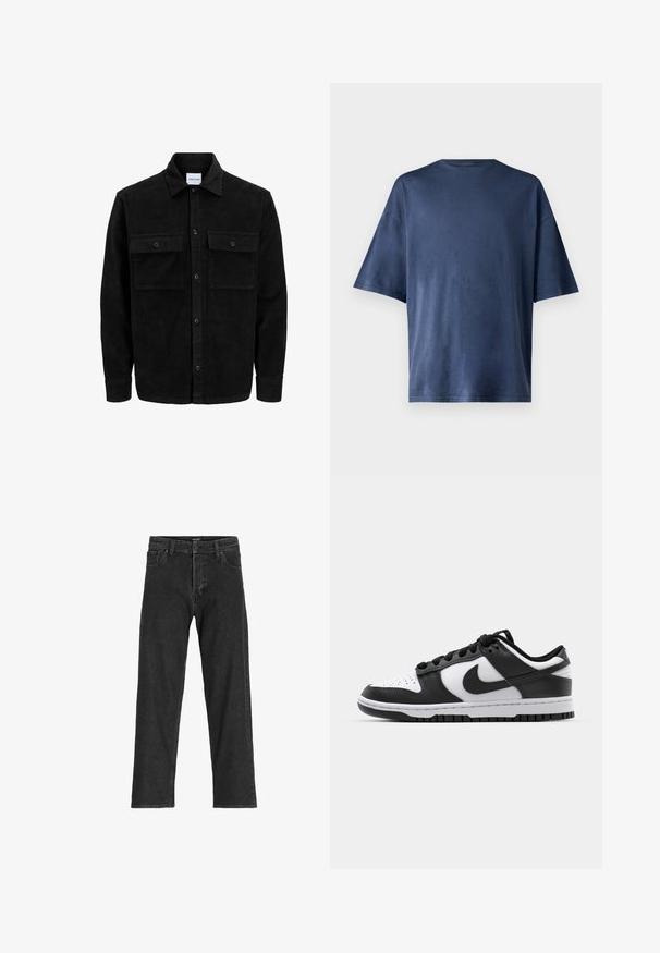 Crni kožni kord jakna na dugmad s dva prednja džepa s preklopom i klasičnim ovratnikom, dugim rukavima i rebrastom teksturom.; Mornarsko plava kratka majica s kratkim rukavima, izrađena od mekog materijala, ima klasičan okrugli izrez i ležeran kroj, bez vidljivih uzoraka ili naglasaka.; Crne traperice s ravnim krojem, s patentnim zatvaračem, petljama za pojas i šest džepova, izrađene od čvrste mješavine pamuka.; Crno-bijeli Nike Dunk tenisice s kožnom gornjom površinom, perforiranim prstom, crnim vezicama i crnom gumenom potplatom s dizajnom rebrastog uzorka.